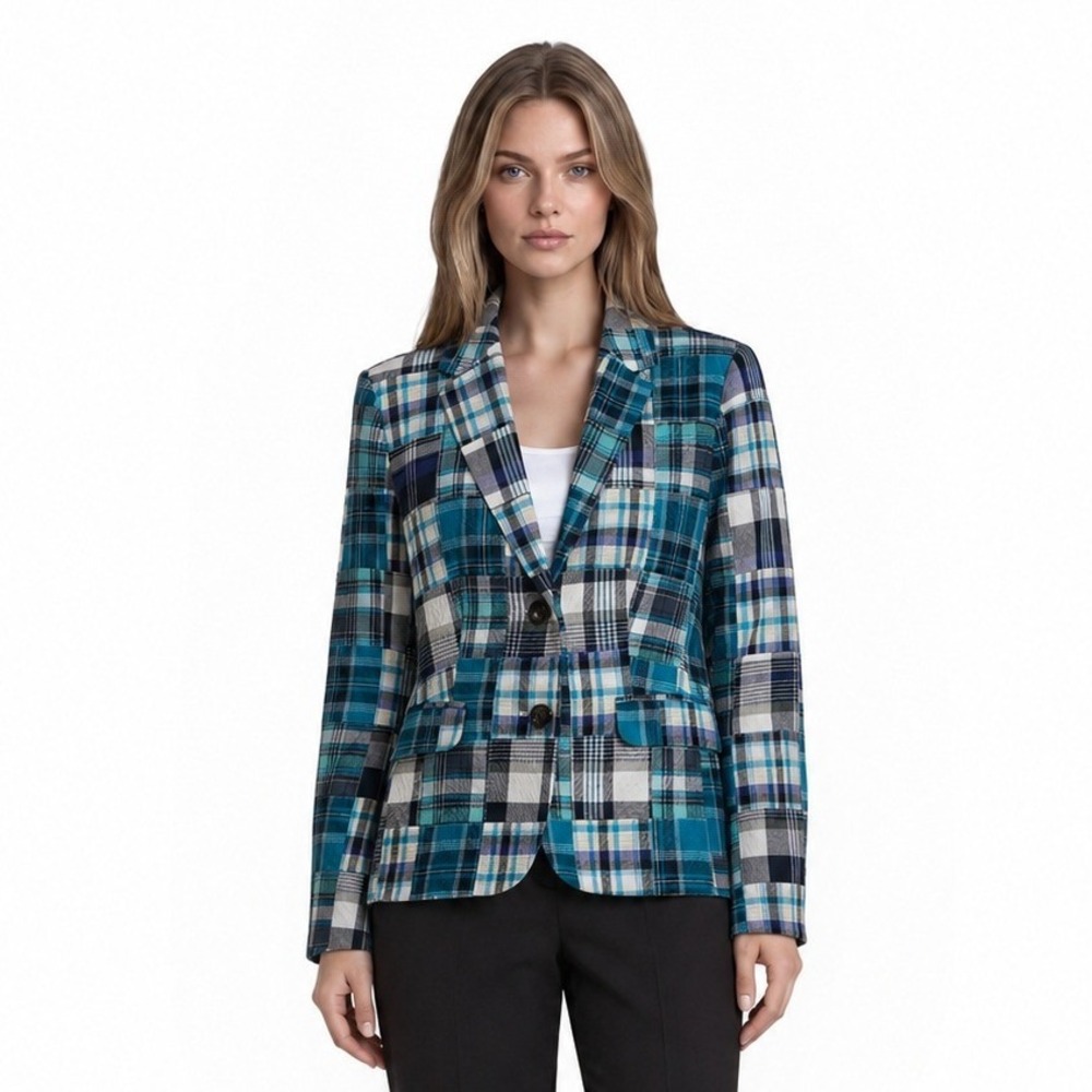 Talbots‎ Patchwork Madras Plaid Blazer Women's Size 10 Blue 100% Cotton Jacket